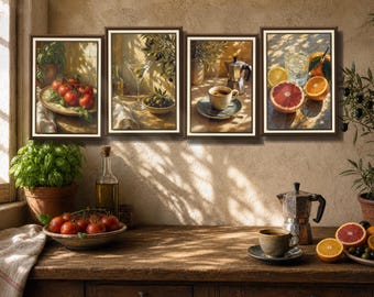 Malerische Küchen Prints Set, Retro Food Wandkunst, Tomate, Olive, Espresso (Digitaler Download)