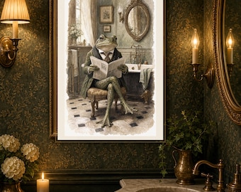 Viktorianischer Frosch lesen Zeitung Badezimmer Druck, schrullige Puderzimmer Wandkunst, digitaler Download