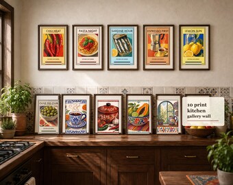 Paquete de láminas decorativas coloridas para la pared de la cocina, conjunto de 10 láminas imprimibles para galería de comida y cafetería (descarga digital)