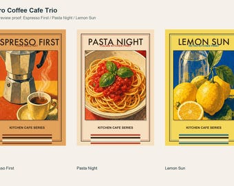 Retro Coffee Cafe Trio Printable Wall Art - Italian Espresso Kitchen Prints - Pasta Night & Lemon Sun - Mid Century Decor Set