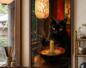 Japanische schwarze Katze Ramen Druck, Japandi Küche Wandkunst, gemütliche Szene Poster (Digitaler Download)