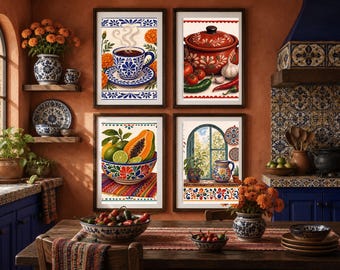 Juego de 4 láminas decorativas de estilo latino para la cocina, estilo mexicano, para imprimir en formato digital.