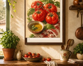 Lámina decorativa de tomate y albahaca para la cocina, arte mural de comida italiana, póster de tomate para descargar digitalmente.