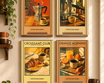Retro Kaffee Bar Drucke, Set 4 Cafe Wand Kunst, Espresso Moka Croissant (Digitaler Download)