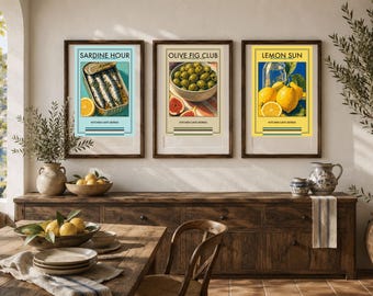 Juego de 3 láminas decorativas para pared con temática de cocina mediterránea: estampados de sardinas, aceitunas y limones, ideales para imprimir y decorar tu pared.