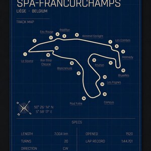 Pode incluir: Um mapa de pista azul escuro de Spa-Francorchamps em Li&egrave;ge, B&eacute;lgica. O mapa inclui caracter&iacute;sticas da pista como Eau Rouge e Les Combes. As especifica&ccedil;&otilde;es incluem o comprimento da pista de 7,004 km e o ano de abertura, 1920.
