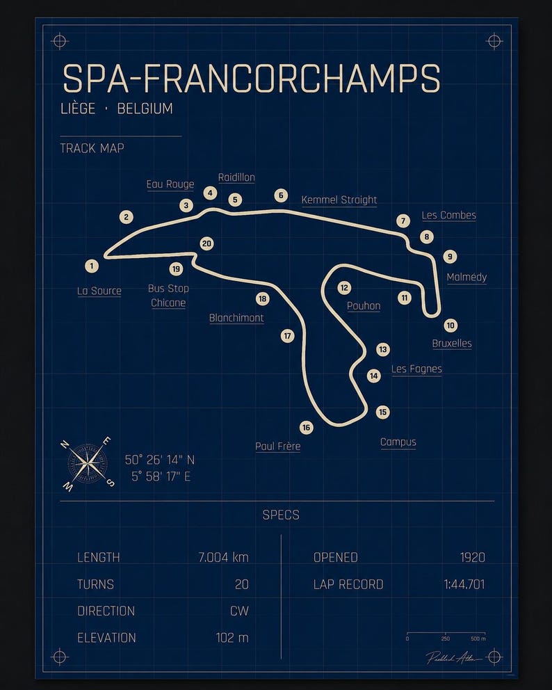 Pode incluir: Um mapa de pista azul escuro de Spa-Francorchamps em Li&egrave;ge, B&eacute;lgica. O mapa inclui caracter&iacute;sticas da pista como Eau Rouge e Les Combes. As especifica&ccedil;&otilde;es incluem o comprimento da pista de 7,004 km e o ano de abertura, 1920.