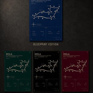 May include: A collection of Imola track maps in various editions: Blueprint, Heritage, Midnight, and Rosso. Each map features a white track layout on a colored background, with details like length, turns, and lap record.