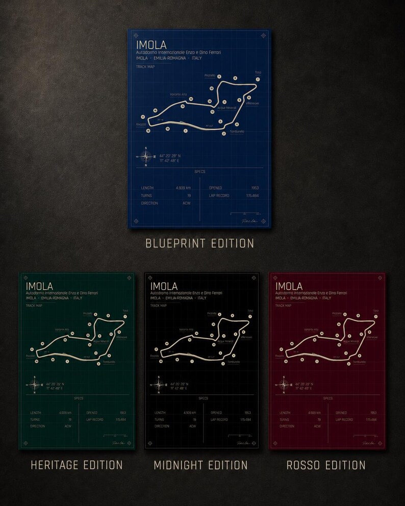 May include: A collection of Imola track maps in various editions: Blueprint, Heritage, Midnight, and Rosso. Each map features a white track layout on a colored background, with details like length, turns, and lap record.