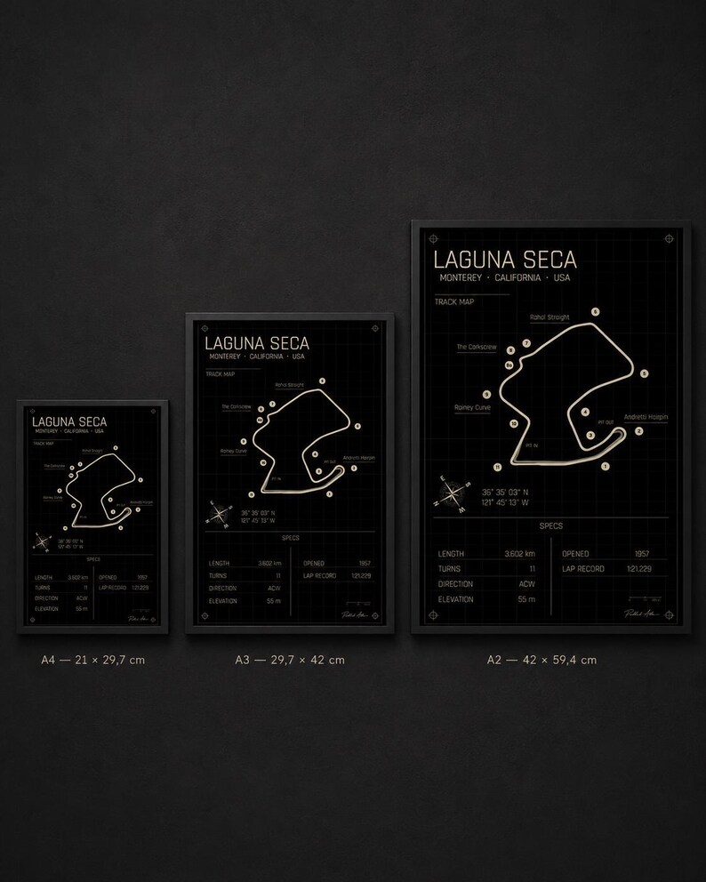 May include: Three framed black and white track maps of Laguna Seca in Monterey, California. The maps are labeled A4 (8.3 x 11.7 inches), A3 (11.7 x 16.5 inches), and A2 (16.5 x 23.4 inches). Each map includes track details.