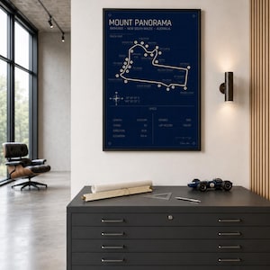 May include: A framed Mount Panorama race track map in navy blue with white detailing. The map is displayed above a dark gray cabinet with several drawers. A small blue race car model sits on top of the cabinet.