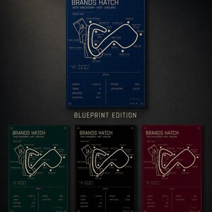 May include: A collection of Brands Hatch track maps in various colors: blue, green, black, and red. Each map features the track layout, specifications, and the text "Blueprint Edition", "Heritage Edition", "Midnight Edition", and "Rosso Edition".