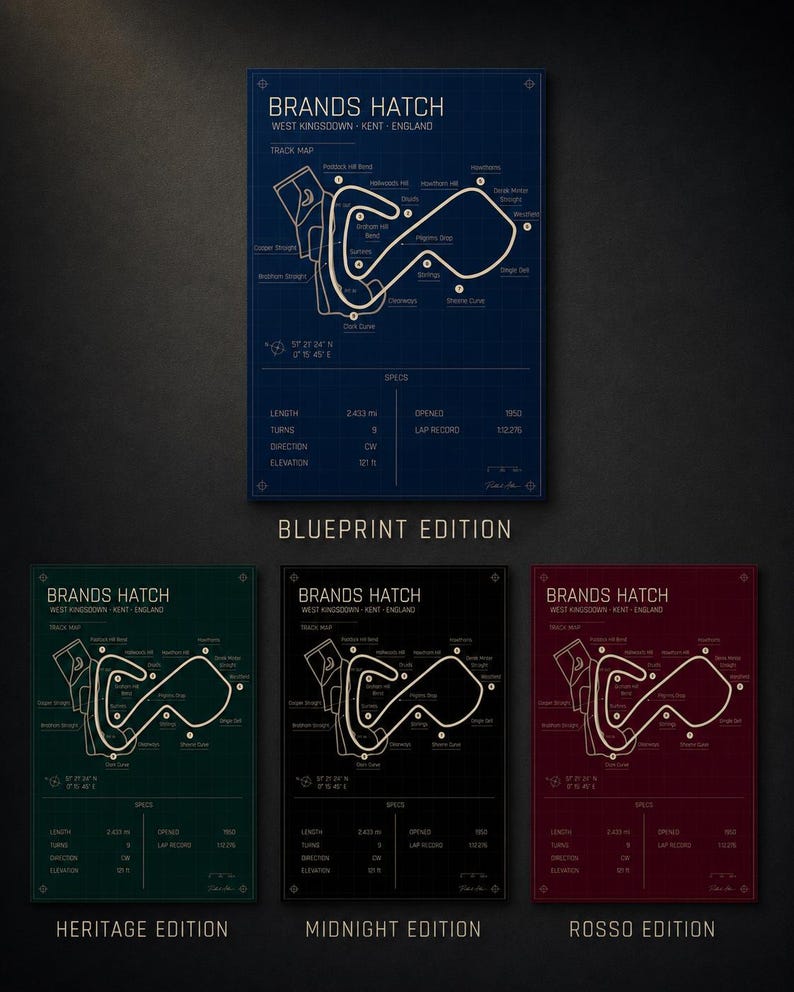 May include: A collection of Brands Hatch track maps in various colors: blue, green, black, and red. Each map features the track layout, specifications, and the text "Blueprint Edition", "Heritage Edition", "Midnight Edition", and "Rosso Edition".