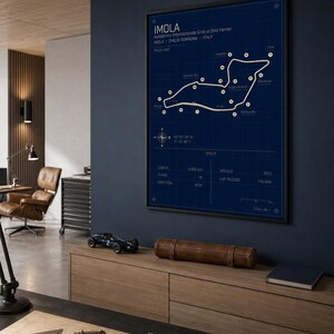 May include: A framed blueprint-style poster of the Imola race track in Italy, with white lines on a dark blue background. The poster includes track details and specifications. A model race car and a leather case sit on a wooden cabinet below.