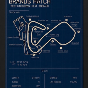 May include: A blueprint-style poster of the Brands Hatch race track in West Kingsdown, Kent, England. The track map is in beige against a dark blue grid background. Includes track details, specs, and coordinates. The length is 2.433 miles.