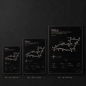 May include: Three framed black and white track maps of the Imola race circuit. The maps are labeled A4 (21 x 29.7 cm), A3 (29.7 x 42 cm), and A2 (42 x 59.4 cm). Each map includes track details.