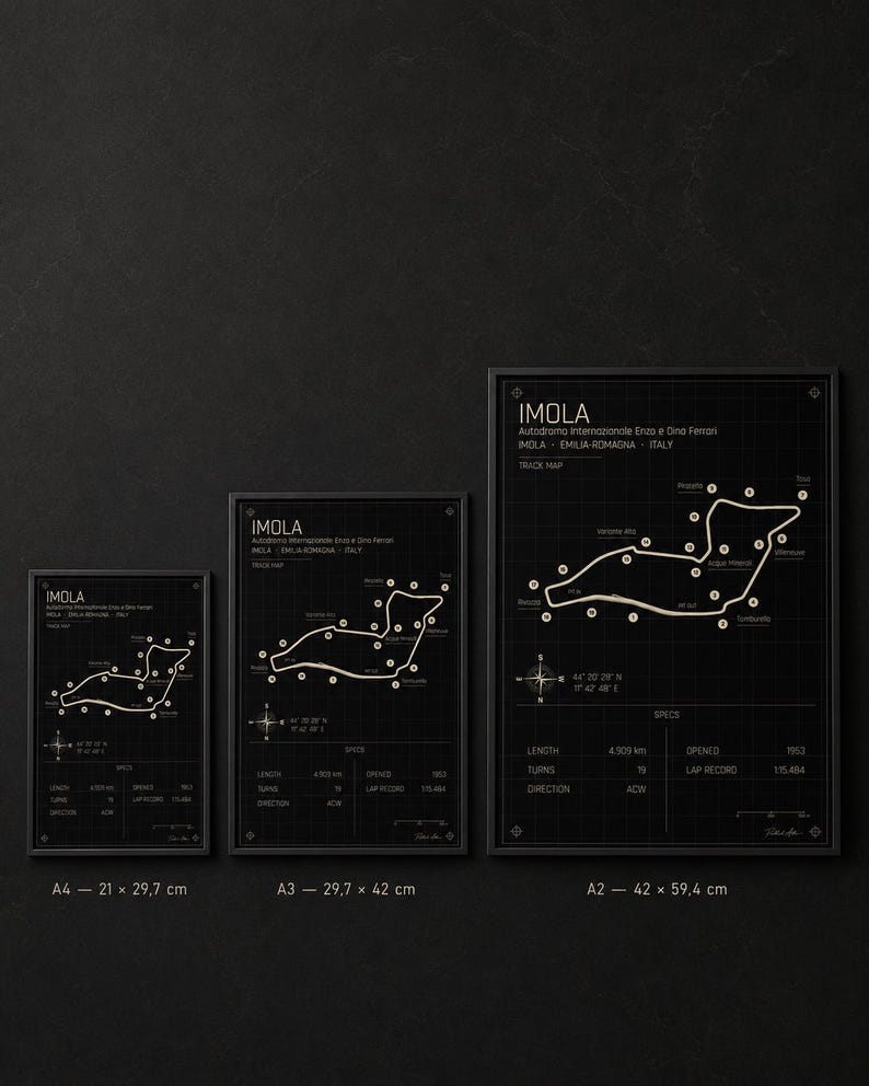 May include: Three framed black and white track maps of the Imola race circuit. The maps are labeled A4 (21 x 29.7 cm), A3 (29.7 x 42 cm), and A2 (42 x 59.4 cm). Each map includes track details.