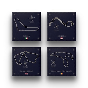 4 Porta-Copos Cerâmica - Iconic Formula Pack, Motorsport Circuit Track Map, Presente Racing, Monza Monaco Silverstone Spa, Presente Carros