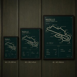 May include: Three framed Mugello race track maps in varying sizes. The maps are in a dark green color with white track lines and text. The sizes are A4 (8.3 x 11.7 inches), A3 (11.7 x 16.5 inches), and A2 (16.5 x 23.4 inches).