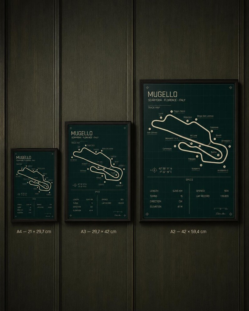 May include: Three framed Mugello race track maps in varying sizes. The maps are in a dark green color with white track lines and text. The sizes are A4 (8.3 x 11.7 inches), A3 (11.7 x 16.5 inches), and A2 (16.5 x 23.4 inches).