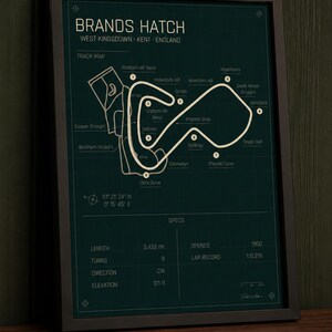 May include: Framed Brands Hatch track map print. The dark green print features a white track layout with labels for turns and straights. Includes track specs: 2.433 miles, 9 turns, and 121 ft elevation. The text "Frame not included" is at the bottom.