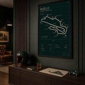 May include: A framed poster of the Mugello race track in Italy, with a dark green background and white track lines. A dark green helmet, a small green race car, and a glass of amber liquid sit on a dark wood cabinet.