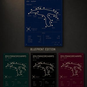 Pode incluir: Impress&otilde;es de mapas de pista de Spa-Francorchamps nas edi&ccedil;&otilde;es Blueprint, Heritage, Midnight e Rosso. Cada impress&atilde;o apresenta o tra&ccedil;ado da pista, a localiza&ccedil;&atilde;o e as especifica&ccedil;&otilde;es. A pista tem 1.004 km.