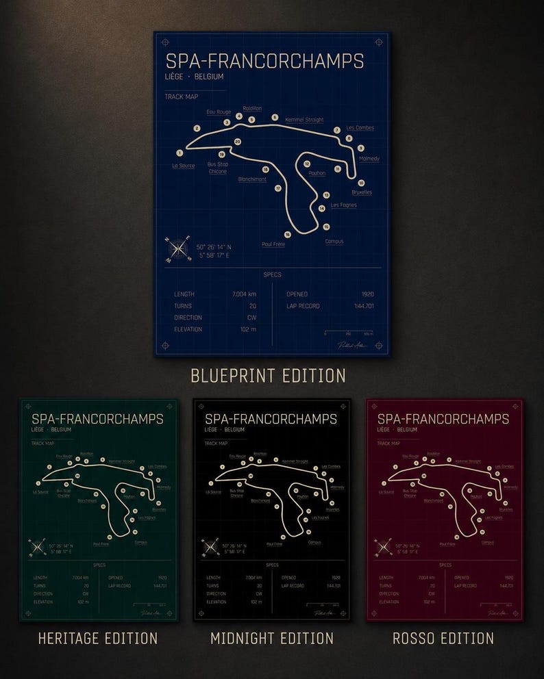 Pode incluir: Impress&otilde;es de mapas de pista de Spa-Francorchamps nas edi&ccedil;&otilde;es Blueprint, Heritage, Midnight e Rosso. Cada impress&atilde;o apresenta o tra&ccedil;ado da pista, a localiza&ccedil;&atilde;o e as especifica&ccedil;&otilde;es. A pista tem 1.004 km.