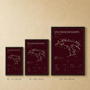 Pode incluir: Tr&ecirc;s mapas emoldurados do circuito de Spa-Francorchamps. Os mapas, em branco sobre fundo bord&ocirc;, mostram o tra&ccedil;ado e as especifica&ccedil;&otilde;es. As molduras pretas cont&ecirc;m tamanhos A4 (21 x 29,7 cm), A3 (29,7 x 42 cm) e A2 (42 x 59,4 cm).