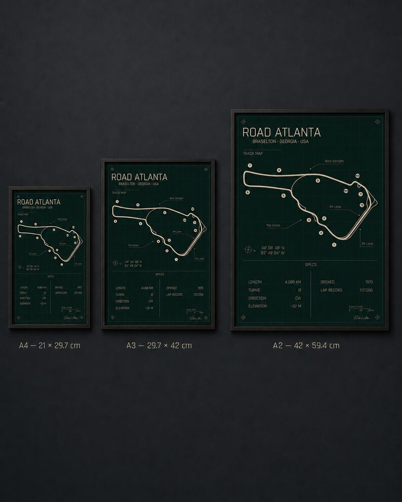 May include: Three framed prints of the Road Atlanta race track map. The prints are in A4 (8.3 x 11.7 inches), A3 (11.7 x 16.5 inches), and A2 (16.5 x 23.4 inches) sizes. Each print features a green background with white lines and text detailing track specifications.