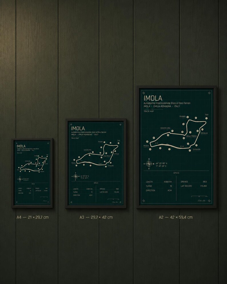 May include: Three framed Imola track maps in varying sizes, A4, A3, and A2, against a dark green wall. The maps feature a white track layout with labeled turns and specs. The text "IMOLA" is at the top of each print.