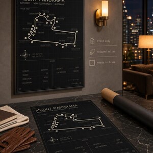 May include: Black framed Mount Panorama track map print. The map includes track details, coordinates, and specifications. A second print and a rolled print are also visible. The print is ready to frame.