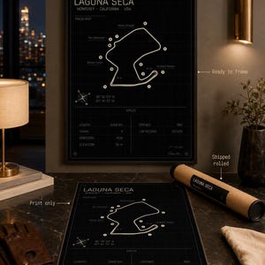 May include: Black and white Laguna Seca track map print. The print includes the track layout, location, and specifications. The print is available ready to frame or shipped rolled.