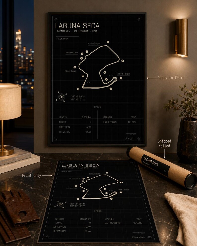 May include: Black and white Laguna Seca track map print. The print includes the track layout, location, and specifications. The print is available ready to frame or shipped rolled.