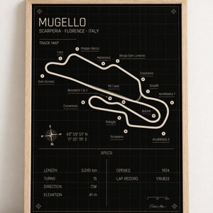 May include: A black poster featuring a white technical line drawing of the Mugello circuit in Italy. The print includes the track map, corner names, geographic coordinates, and technical specifications such as length, turns, and lap record.