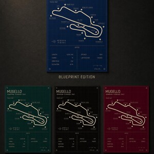 May include: A collection of blueprint-style prints featuring the Mugello race track in Scarperia, Florence, Italy. Each print displays the track layout, key data, and is available in blue, green, black, and red. The prints are labeled "Blueprint Edition", "Heritage Edition", "Midnight Edition", and "Rosso Edition".