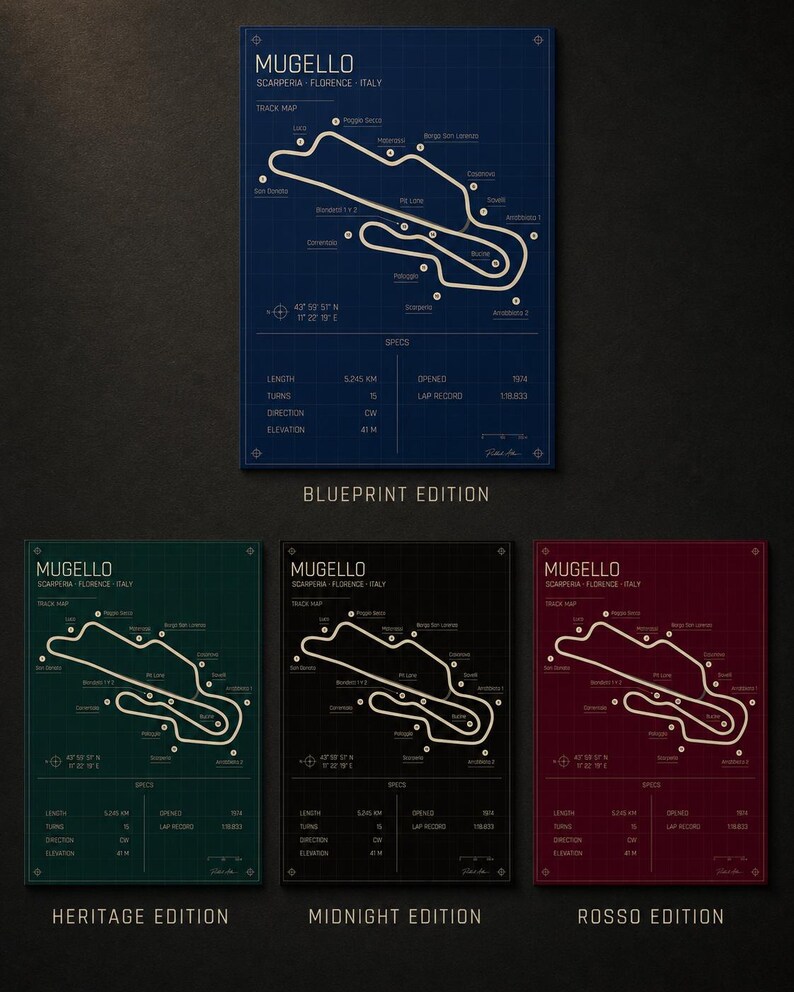 May include: A collection of blueprint-style prints featuring the Mugello race track in Scarperia, Florence, Italy. Each print displays the track layout, key data, and is available in blue, green, black, and red. The prints are labeled "Blueprint Edition", "Heritage Edition", "Midnight Edition", and "Rosso Edition".