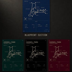 K&ouml;nnte beinhalten: Vier Drucke der Cadwell Park Streckenkarte in Blau, Gr&uuml;n, Schwarz und Rot. Jeder Druck zeigt das Streckenlayout, die Spezifikationen und den Text "Blueprint Edition", "Heritage Edition", "Midnight Edition" und "Rosso Edition". Die Streckenl&auml;nge betr&auml;gt 2,18 km.