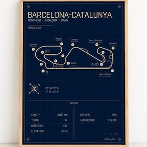 May include: A dark blue blueprint-style poster of the Barcelona-Catalunya race track in Montmelo, Spain. The print features a white track map with numbered turns, geographic coordinates, and technical specifications including length, turns, and lap record.