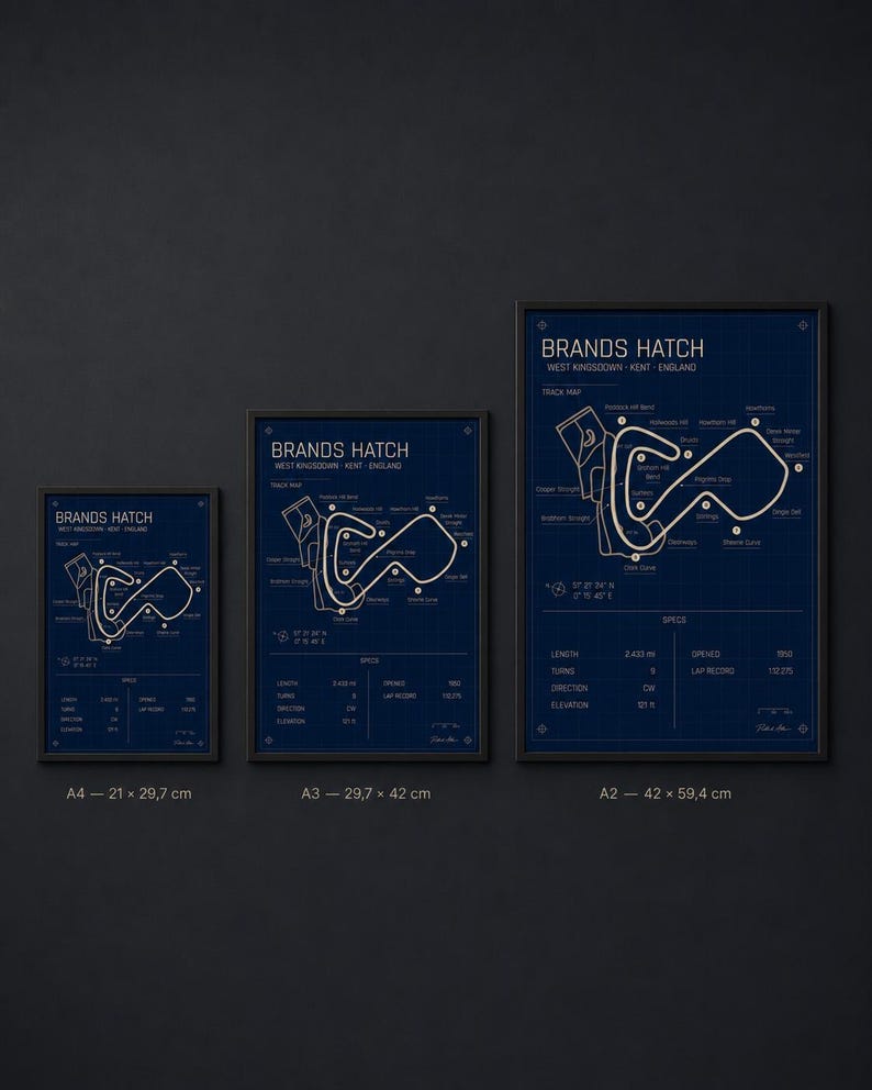 May include: Three framed blue prints of the Brands Hatch race track in West Kingsdown, Kent, England. The prints are labeled A4 (8.3 x 11.7 inches), A3 (11.7 x 16.5 inches), and A2 (16.5 x 23.4 inches). Each print features track details.