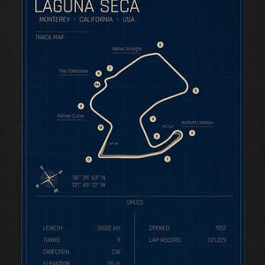May include: A blue print-style poster of the Laguna Seca racetrack in Monterey, California. The track map is white, with labeled turns and straights. Text includes track specs: 3.602 km length, 11 turns, and 55 m elevation. The poster also includes the opening year, 1957.
