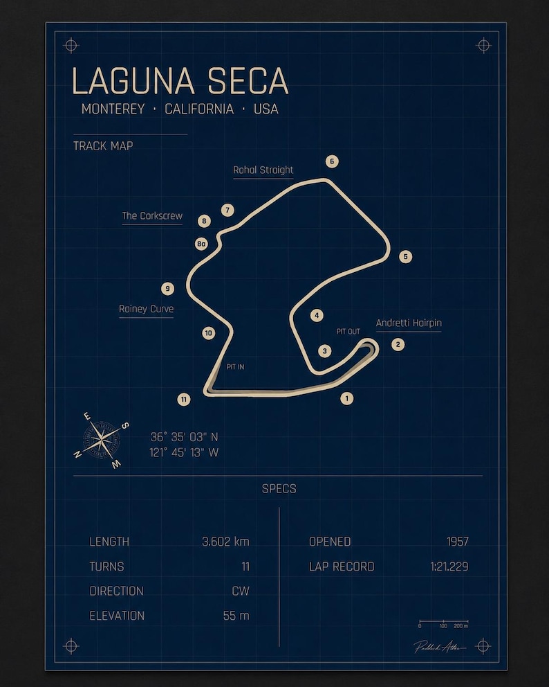 May include: A blue print-style poster of the Laguna Seca racetrack in Monterey, California. The track map is white, with labeled turns and straights. Text includes track specs: 3.602 km length, 11 turns, and 55 m elevation. The poster also includes the opening year, 1957.
