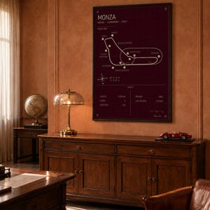 Op de afbeelding: Een ingelijste print van het Monza-circuit in Itali&euml;, met een witte circuitkaart op een donkerrode achtergrond. De print bevat circuitspecificaties en wordt weergegeven boven een houten kast met een modelraceauto.