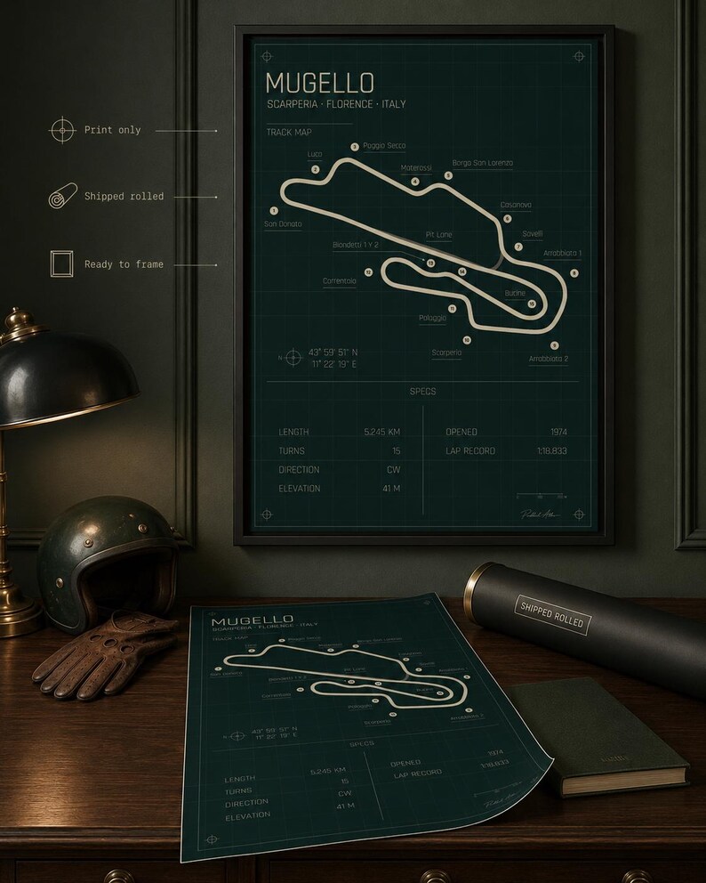 May include: A framed print of the Mugello race track in Italy, with a detailed track map and specifications. The print is in a black frame, with a dark green background and white text. A rolled print and a helmet are also visible.