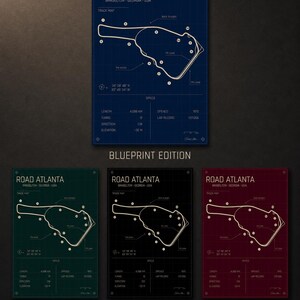 May include: Road Atlanta track map prints in Blueprint, Heritage, Midnight, and Rosso editions. Each print features the track layout, specifications, and location details. The prints are available in various colors, including blue, green, black, and red.
