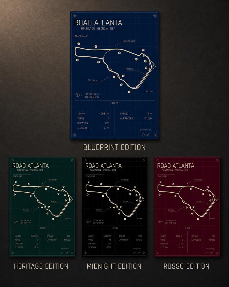 May include: Road Atlanta track map prints in Blueprint, Heritage, Midnight, and Rosso editions. Each print features the track layout, specifications, and location details. The prints are available in various colors, including blue, green, black, and red.