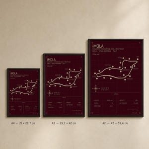 May include: Three framed prints of the Imola race track map. The prints are in black frames with a burgundy background and white track lines. Sizes are A4 (8.3 x 11.7 inches), A3 (11.7 x 16.5 inches), and A2 (16.5 x 23.4 inches).