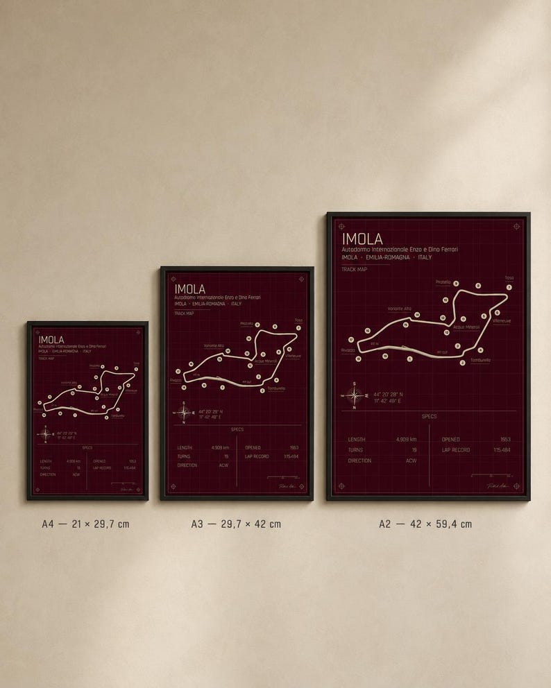 May include: Three framed prints of the Imola race track map. The prints are in black frames with a burgundy background and white track lines. Sizes are A4 (8.3 x 11.7 inches), A3 (11.7 x 16.5 inches), and A2 (16.5 x 23.4 inches).