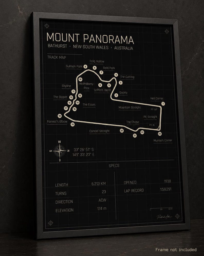 May include: Black framed Mount Panorama race track map. The map includes track details, location, and specifications. The text on the map includes the track length of 6.213 km, 23 turns, and the lap record of 1:59.291.