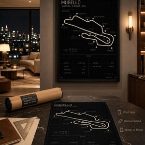 May include: Black and white Mugello race track map print. The track map is displayed on a black background with white lines and text. The print includes track specifications and is ready to frame. A rolled print is also shown.